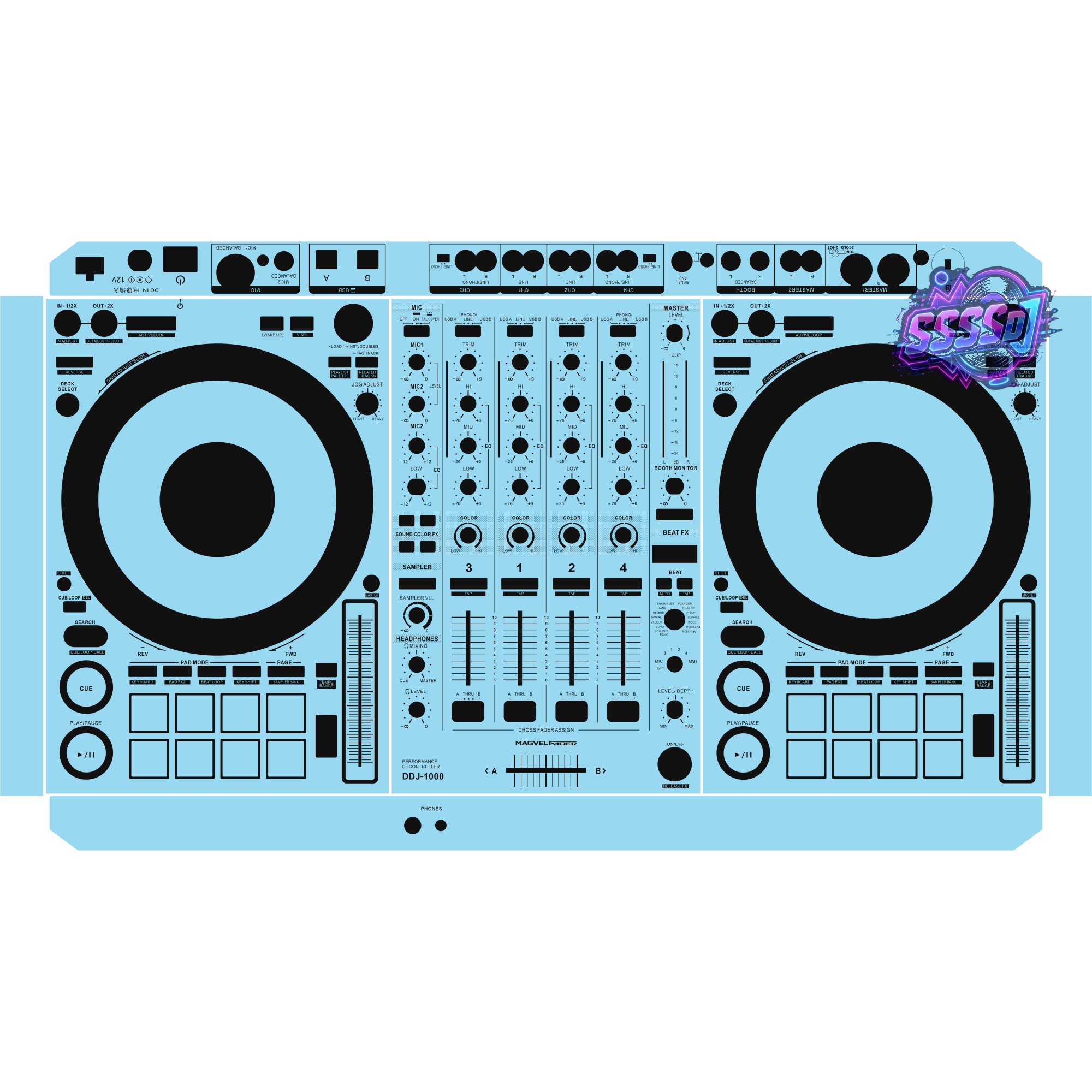 DDJ-1000 DJ Controller Skin - Sky Blue Solid Color Design
