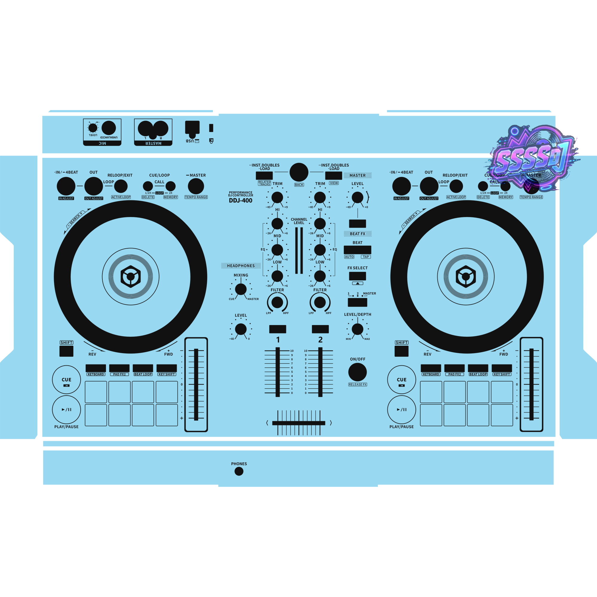 DDJ-400 DJ Controller Skin - Sky Blue Solid Color Design