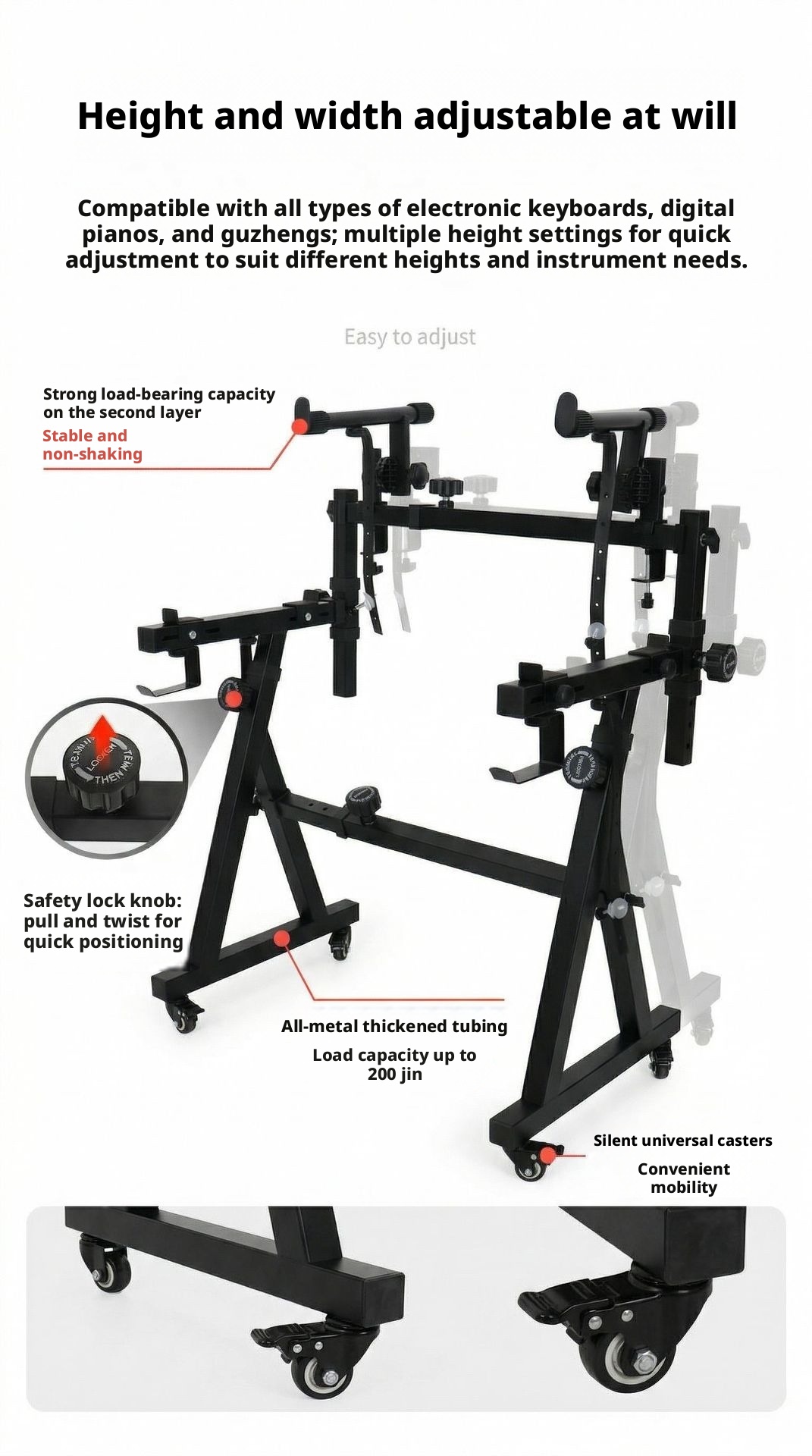 Two-tier heavy-duty DJ keyboard stand with wheels detail view 21