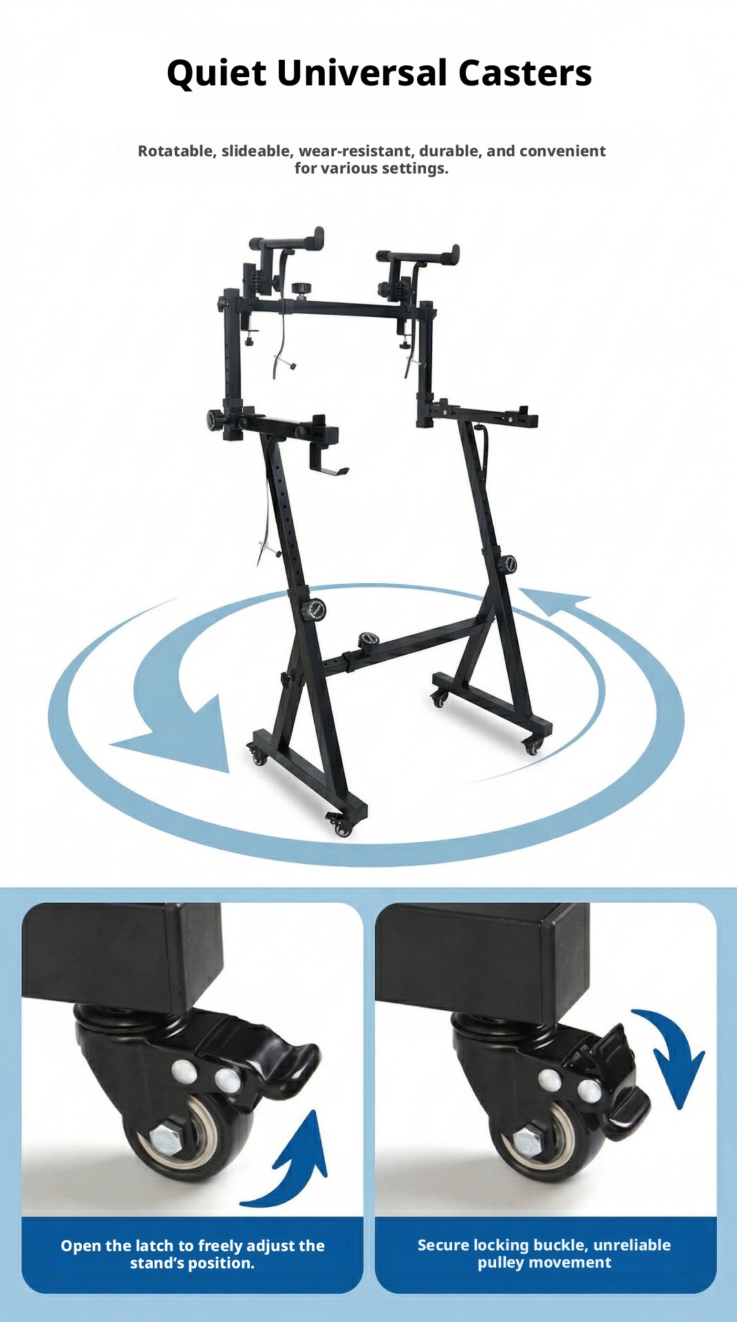 Two-tier heavy-duty DJ keyboard stand with wheels detail view 23