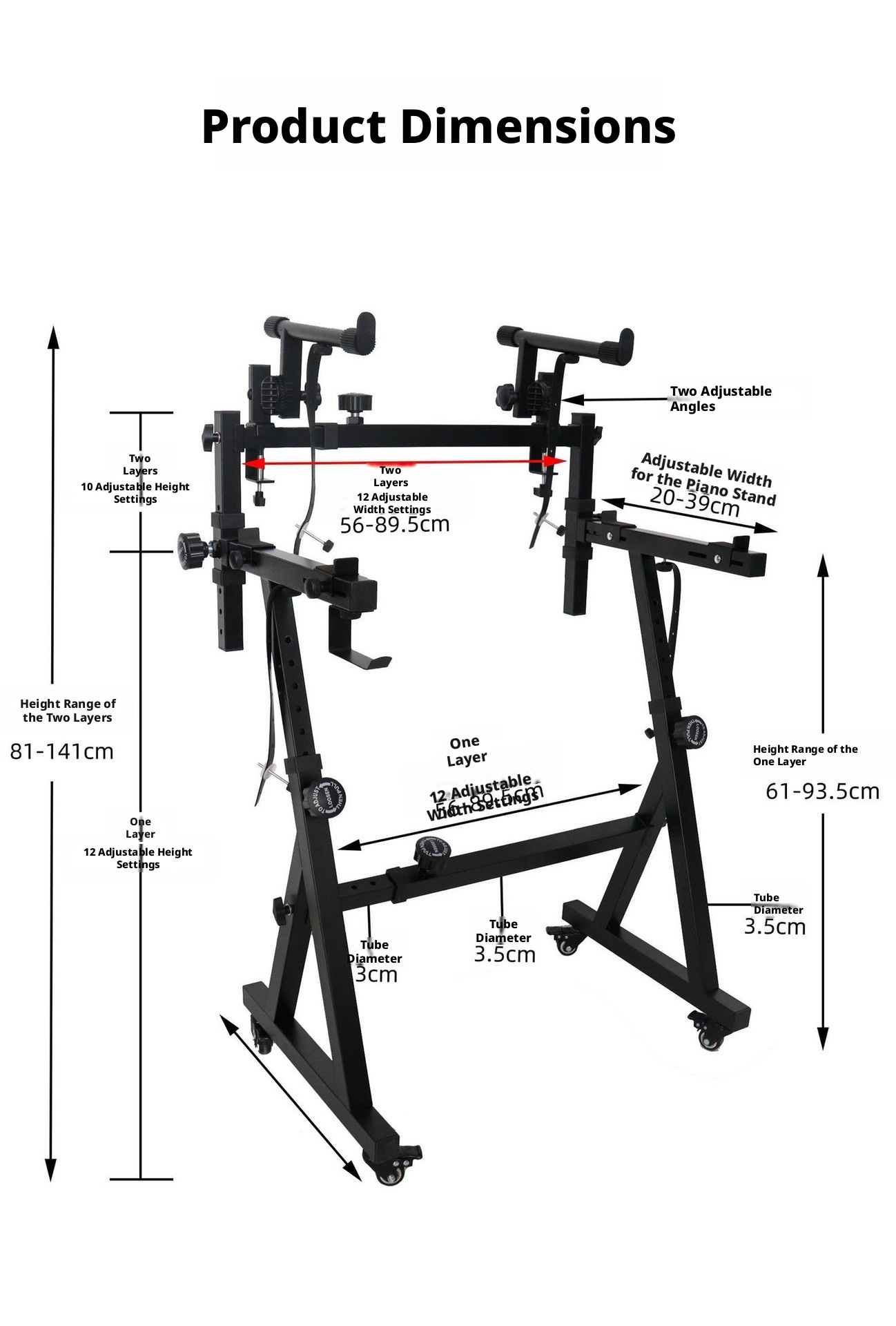 Two-tier heavy-duty DJ keyboard stand with wheels detail view 24