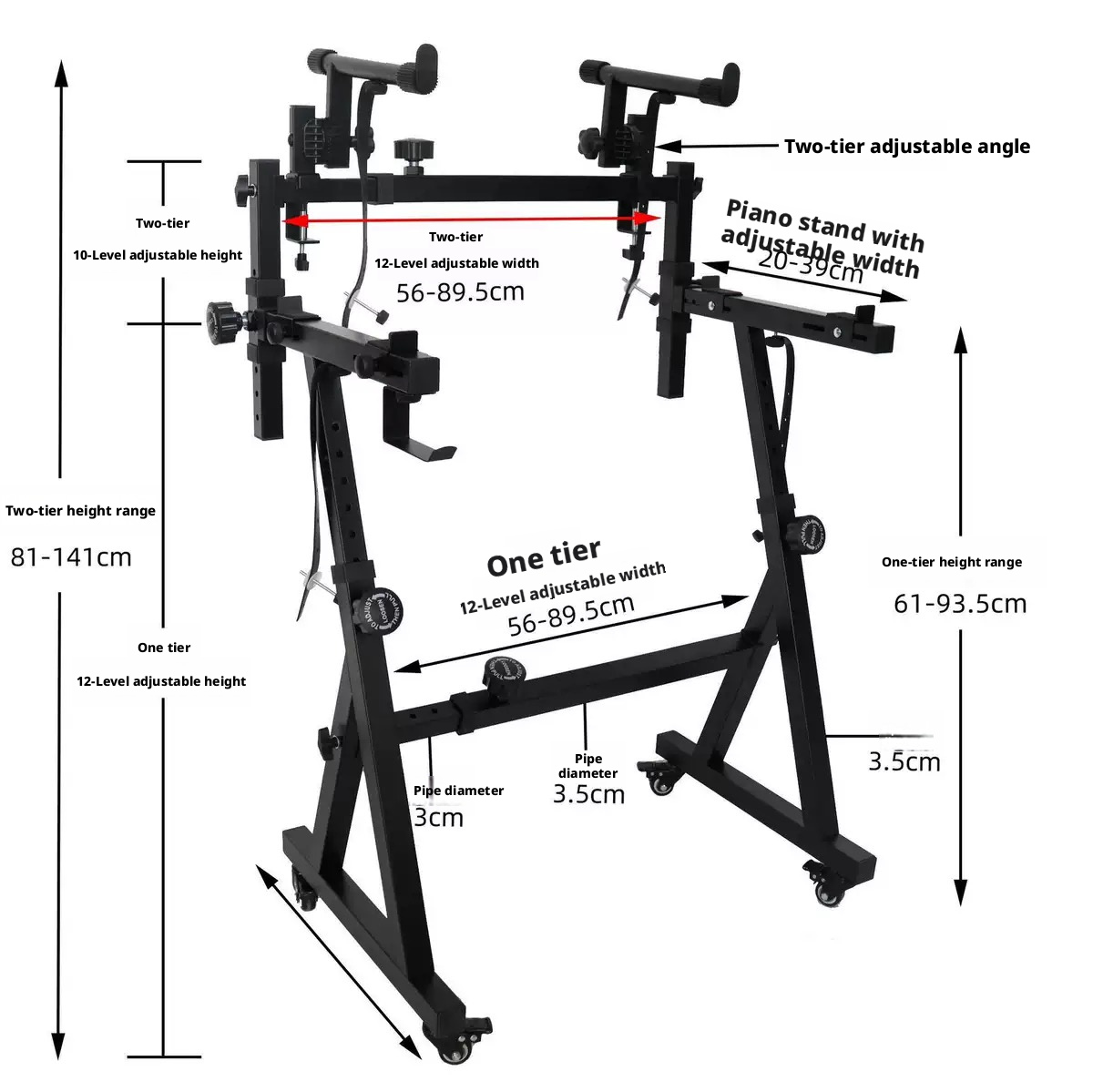 Two-tier heavy-duty DJ keyboard stand with wheels main view 4